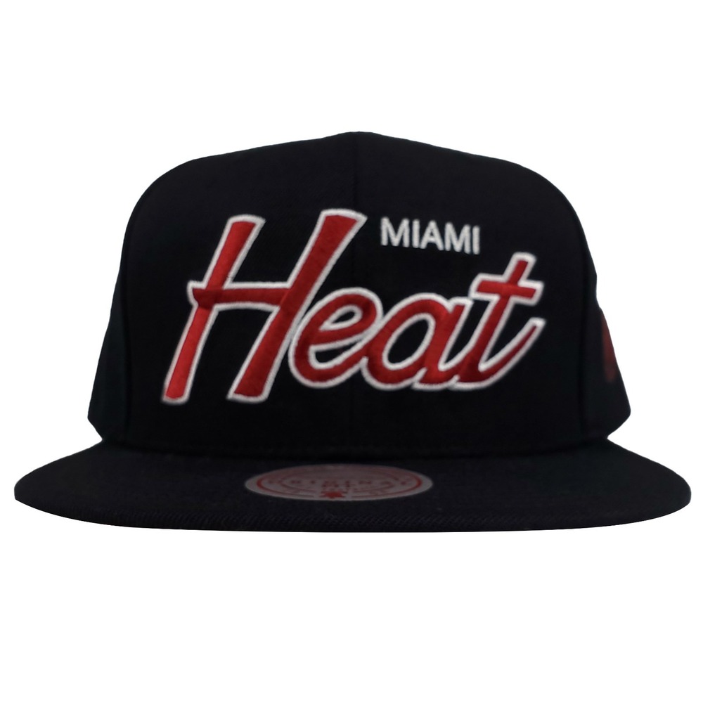 Miami Heat Mitchell & Ness NBA Snapback Hat Cap Script Logo Black NWT‎